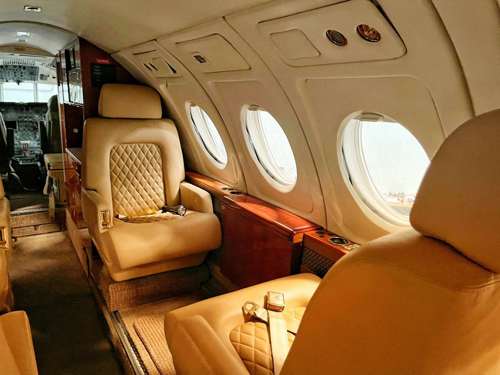 Bright private jet cabin with leather seats